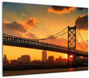 Tablou pe sticlă - Apus de soare peste Podul Ben Franklin, Philadelphia (70x50 cm)