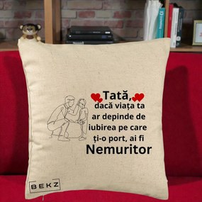Cadou pentru Tata - Perna Personalizata Tata Nemuritor cu Inimi Rosii, 40x40 cm, Bej, Husa Detasabila, Perna Inclusa, BEKZ®