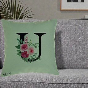 Cadou Personalizat - Perna Personalizata Monograma Florala Litera U, 40x40 cm, Verde, Husa Detasabila, Perna Inclusa, BEKZ®