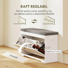 HOMCOM Bancă pentru Încălțăminte pentru Hol, cu Șezut Tapițat, Ușă Rabatabilă și Poliță Reglabilă, pentru 6-8 Perechi, Alb | Aosom Romania