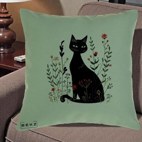 Perna Decorativa Pisica Neagra Botanica Rosu-Gri, 40x40 cm, Verde, Husa Detasabila, Perna Inclusa, BEKZ®