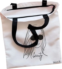 Sacosa de Panza pentru Cumparaturi, Geanta Tote, model Beauty Girl, Cu fermoar, 38x34.5 cm, Alba, BEKZ®
