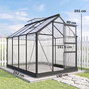 Outsunny Seră de Grădină, Seră din Policarbonat și Aluminiu cu Ușă Culisantă, Ventilație pe Acoperiș și Jgheab, 190x192x201 cm, Gri | Aosom Romania
