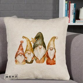 Perna Decorativa Gnomi de Craciun Patru, 40x40 cm, Bej Canapea, Husa Detasabila, Perna Inclusa, BEKZ®