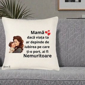 Cadou pentru Mama - Perna Personalizata Mama Nemuritoare cu Bebelus Lineart, 40x40 cm, Crem Reliefat, Husa Detasabila, Perna Inclusa, BEKZ®