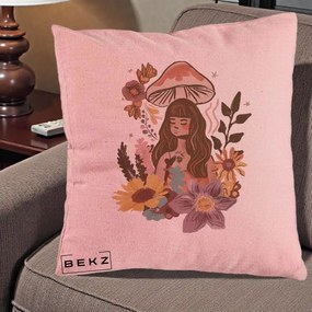 Perna Decorativa Fata Ciuperca Boho Florala, 40x40 cm, Roz, Husa Detasabila, Perna Inclusa, BEKZ®