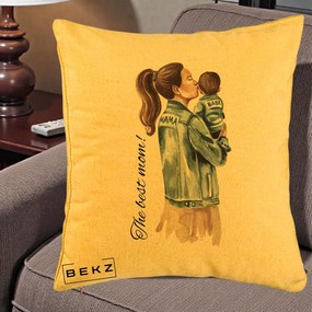 Cadou pentru Mama - Perna Personalizata The Best Mom Jachete, 40x40 cm, Galben, Husa Detasabila, Perna Inclusa, BEKZ®