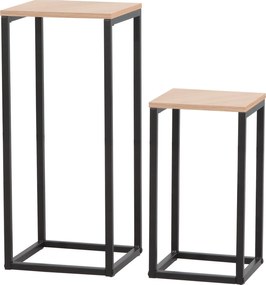 Set Masute Pentru Flori Tide, 26x26x60 cm  + 22x22x 40 cm, Structura Metalica,  Negru/Stejar