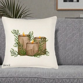 Perna Decorativa Lumanari Rustice cu Crengute Brad, 40x40 cm, Crem Reliefat, Husa Detasabila, Perna Inclusa, BEKZ®