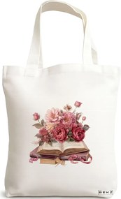 Sacosa de Panza pentru Cumparaturi, Geanta Tote, model Books and flowers 38 x 34.5 cm, Alba, BEKZ®