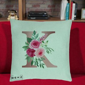 Cadou Personalizat - Perna Personalizata Monograma Rose Gold Litera K, 40x40 cm, Verde Menta, Husa Detasabila, Perna Inclusa, BEKZ®