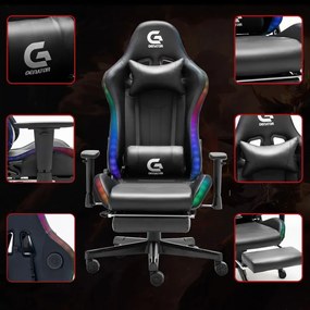 RESIGILAT- Scaun gaming, Masaj si Incalzire, Sistem iluminare banda LED RGB, Boxe Bluetooth, funcție șezlong, 90-180 grade, suport picioare, sezut benzi elastice sustinere, PU, Negru