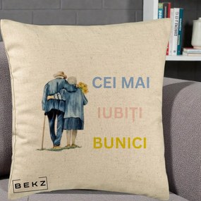 Cadou pentru Bunici - Perna Personalizata Cei Mai Iubiti Bunici Acuarela Spate, 40x40 cm, Bej, Husa Detasabila, Perna Inclusa, BEKZ®