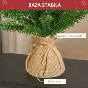 Mini Brad de Craciun Artificial 60 cm, Pin, 70 Ramuri, cu baza in iuta, decoratiune de Craciun HOMCOM | Aosom RO