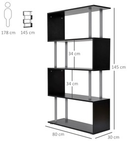 Homcom Bibliotecă cu Design Modern 4 Rafturi, Neagră, 80x30x145cm