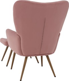 Fotoliu cu suport pentru picioare, ţesătură Velvet roz/stejar, HABEN