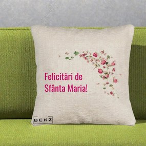 Cadou de Onomastica - Perna Personalizata Felicitari de Sfanta Maria, 40x40 cm, Bej Canapea, Husa Detasabila, Perna Inclusa, BEKZ®