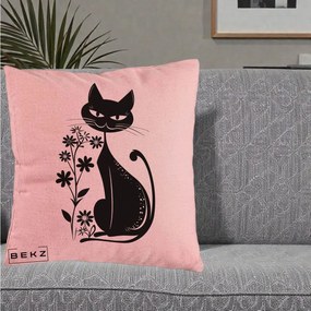 Perna Decorativa Pisica Neagra Grafica Minimalista, 40x40 cm, Roz, Husa Detasabila, Perna Inclusa, BEKZ®