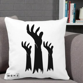 Perna Decorativa Halloween Maini Zombie Alb-Negru, 40x40 cm, Alba Mata, Husa Detasabila, Perna Inclusa, BEKZ®