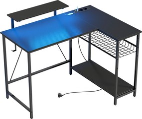 HOMCOM Birou Gaming Reversibil în L cu LED, 114,5x82 cm Birou Colțar cu Prize Electrice, Suport pentru Monitor și Rafturi Reglabile din Rețea, Stație Gaming pentru Acasă, Birou sau Studiu, Negru | Aosom Romania