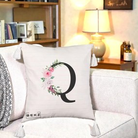 Cadou Personalizat - Perna Personalizata Monograma Florala Litera Q, 40x40 cm, Bej cu Franjuri, Husa Detasabila, Perna Inclusa, BEKZ®