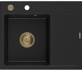 Mexen Ben chiuvetă de granit cu 1 compartiment și picurator stânga 600 x 500 mm, negru, sifon auriu - 6522605000-77-G