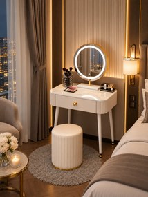Set VICTORIA GLAM – Masă de Toaletă pentru Machiaj, cu Oglindă LED și Taburet, Accente Aurii și Blat cu efect marmură, Alb