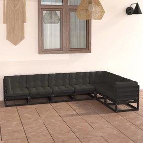 Set mobilier grădină cu perne, 7 piese,negru, lemn masiv pin