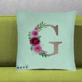 Cadou Personalizat - Perna Personalizata Monograma Rose Gold Litera G, 40x40 cm, Verde Menta, Husa Detasabila, Perna Inclusa, BEKZ®