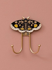 Cuier de perete din metal, multicolor, model fluture negru pictat manual, două agățătoare aurii, finisaj lucios, 12,5 x 11 x 3 cm, „Nocturne”