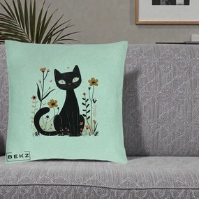 Perna Decorativa Pisica Neagra Flori Pastel Folk, 40x40 cm, Verde Menta, Husa Detasabila, Perna Inclusa, BEKZ®