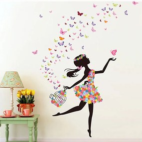 PIPPER | Autocolant de perete "Fetița cu fluturi și cușcă" 130x170 cm