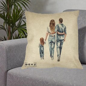 Cadou pentru Familie - Perna Personalizata Familie Acuarela Jeans, 40x40 cm, Crem, Husa Detasabila, Perna Inclusa, BEKZ®