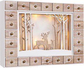 Calendar advent din lemn PĂDUREA DE IARNĂ cu iluminare, 35x6x27cm, alb/maro Spielwerk