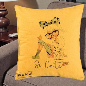 Perna Decorativa So Cute Fata Fashion, 40x40 cm, Galben, Husa Detasabila, Perna Inclusa, BEKZ®