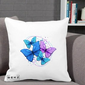 Perna Decorativa Patru Fluturi Turcoaz-Violet, 40x40 cm, Alba Mata, Husa Detasabila, Perna Inclusa, BEKZ®
