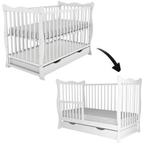 Patut din lemn masiv cu sertar, capac si bariera 120x60 cm Kidizi Isla alb,reglabil pe 3 nivele, certificat EN71