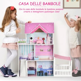 Casa de Papusi din Lemn pentru Copii 3 ani+ cu 12 Accesorii, Trei Etaje, Curte si Mobilier 86x30x87cm Roz HOMCOM | Aosom RO