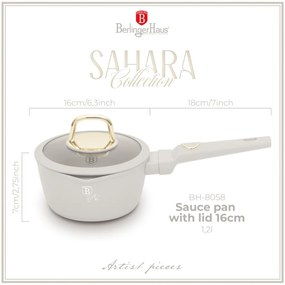 Oală pentru sos cu capac 16 cm, 1.2L – Berlinger Haus Sahara Collection BH 8058, crem, antiaderentă, pentru rețete rapide și încălzire