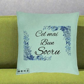 Cadou pentru Socru - Perna Personalizata Cel mai Bun Socru cu Flori Albastre Acuarela, 40x40 cm, Verde Menta, Husa Detasabila, Perna Inclusa, BEKZ®
