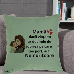 Cadou pentru Mama - Perna Personalizata Mama Nemuritoare cu Bebelus Lineart, 40x40 cm, Verde, Husa Detasabila, Perna Inclusa, BEKZ®