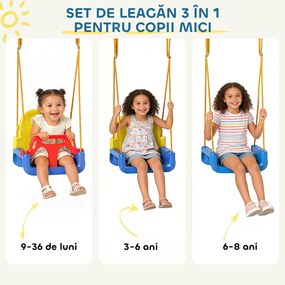 AIYAPLAY Leagăn de Grădină pentru Copii 3-în-1, Leagăn pentru Bebeluși Interior și Exterior, Înălțime Reglabilă, Cadru Pliabil din Oțel, Centură de Siguranță, Ușor de Montat, 9 Luni - 8 Ani, Albastru | Aosom Romania