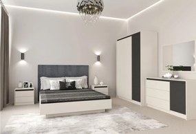 Dormitor cu Riflaje, Monaco, Pat Tapitat cu somiera rabatabila, Dulap 3 Usi 2 Sertare, 2 Noptiere, Comoda 1 Usa 3 Sertare, Casmir/Gri Elegant