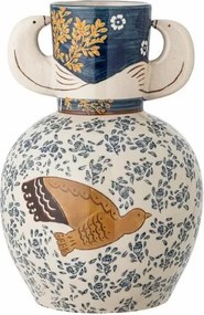 Vază din ceramică albastră cu decor pasăre și model floral pictate manual, cu două toarte laterale, 16,5x23,5 cm, "Hezha"