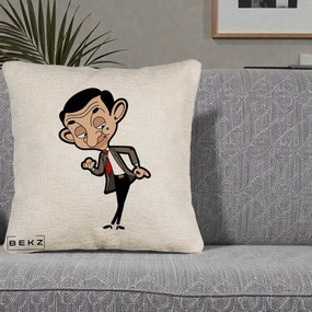 Perna Personalizata Mr. Bean Caricatura, 40x40 cm, Bej Canapea, Husa Detasabila, Perna Inclusa, BEKZ®