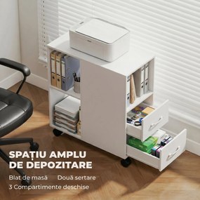 HOMCOM Măsuță de Living cu Roți, 2 Sertare, Raft Deschis și Poliță Reglabilă, Măsuță pentru Dormitor sau Living, 60x30x65 cm, Alb | Aosom Romania
