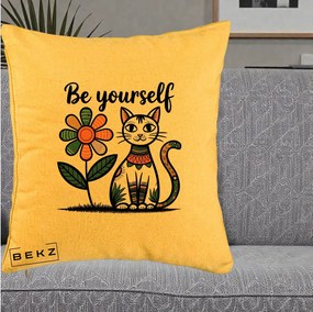 Perna Personalizata Be Yourself Pisica Folk, 40x40 cm, Galben, Husa Detasabila, Perna Inclusa, BEKZ®