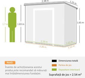 Outsunny Căsuță de Grădina pentru Unelte cu Podea, 2 Uși, Încuietoare și Acoperiș Înclinat, 238x125x183 cm, Gri | Aosom Romania