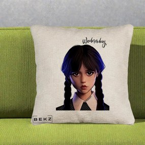 Perna Personalizata Wednesday Addams Portret Realist, 40x40 cm, Bej Canapea, Husa Detasabila, Perna Inclusa, BEKZ®