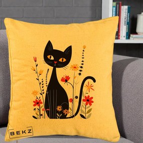 Perna Decorativa Pisica Neagra Ochi Galbeni Flori, 40x40 cm, Galben, Husa Detasabila, Perna Inclusa, BEKZ®